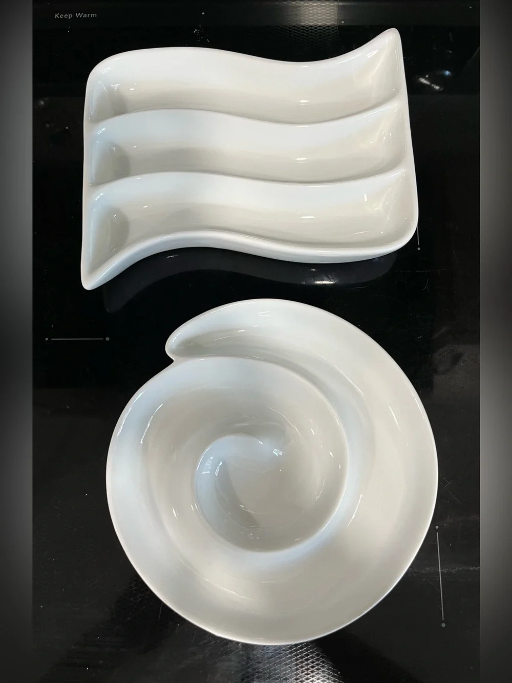 Crate & Barrel White Porcelain Appetizer Serving Set Vintage Spiral & Wavy Rows
